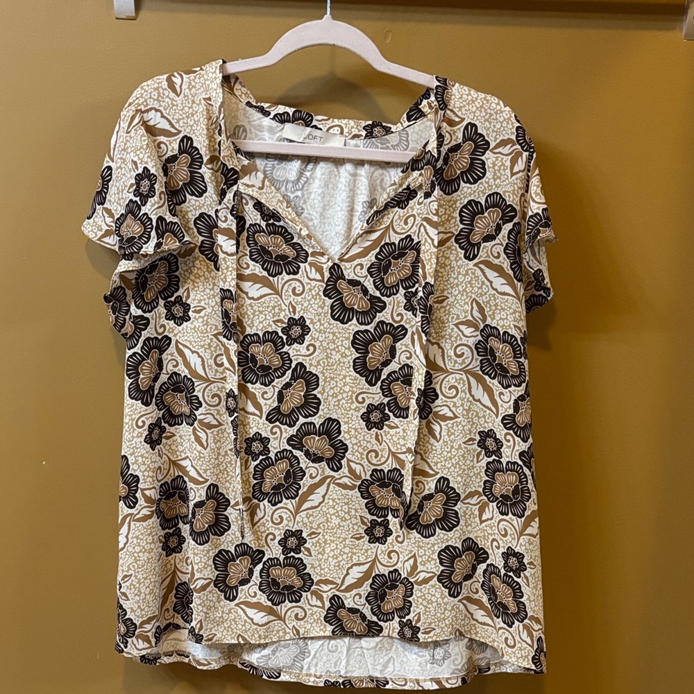 LOFT Beige and Black Floral Blouse